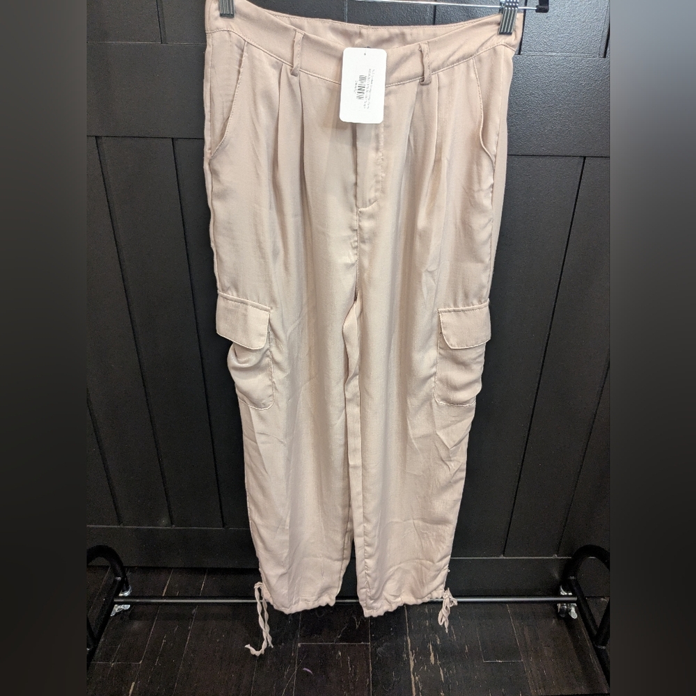 Chic Beige Women's satin cargo pants